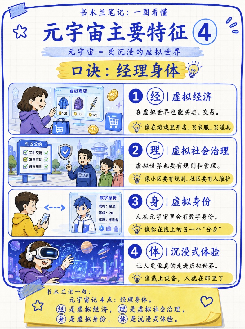 书木兰笔记：元宇宙主要特征 4 个，口诀经理身体